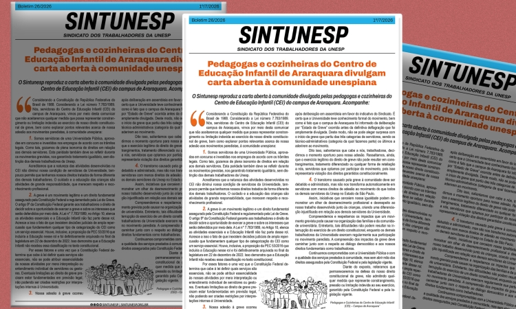 Pedagogas e cozinheiras do Centro de Educação Infantil de Araraquara divulgam carta aberta à comunidade unespiana
